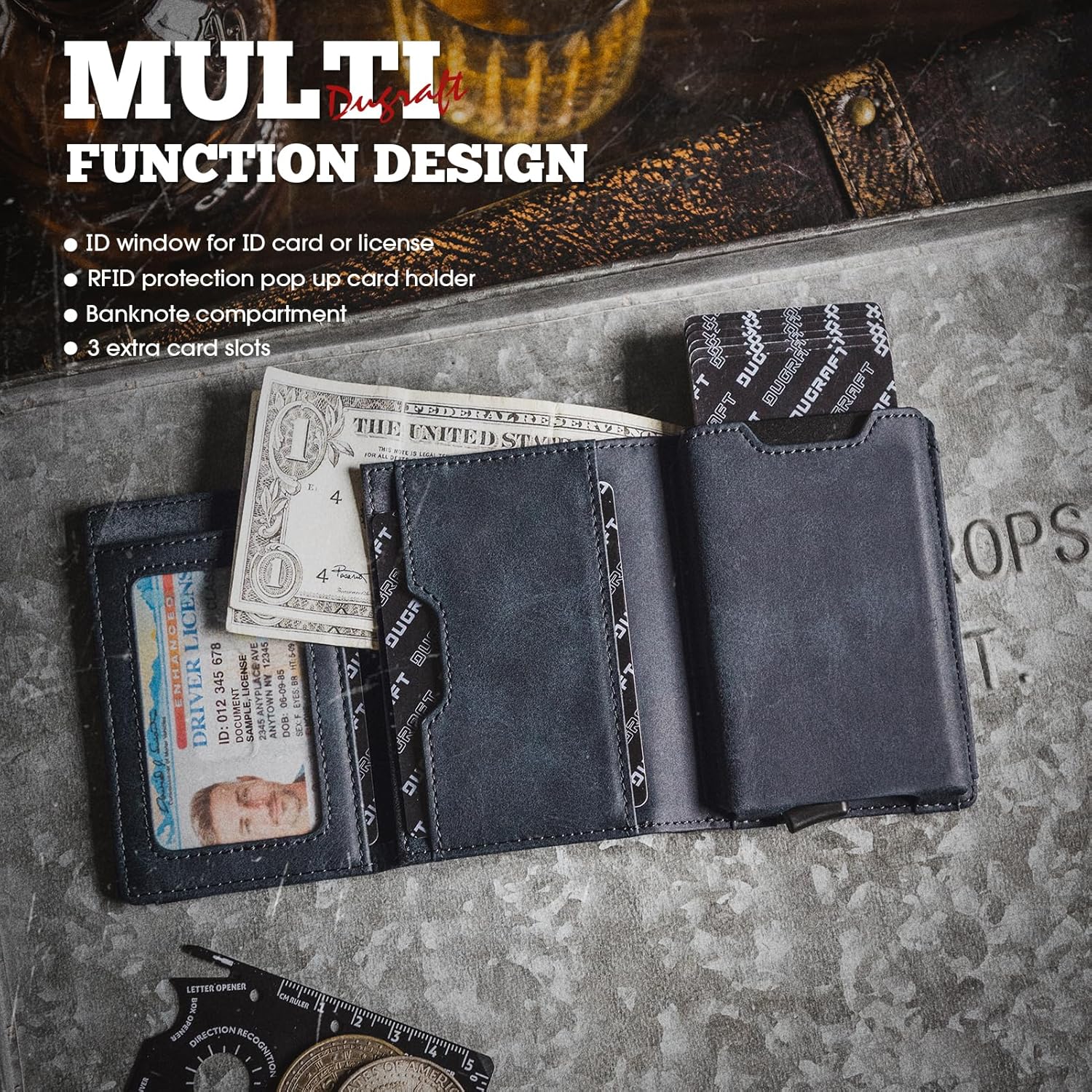 DUGRAFT Mens Wallet for Max.11 Cards with Pop Up Credit Card Ejector Case RFID Blocking, Bills/Cash Compartment and ID Window, Giftbox Packed, Dark Blue