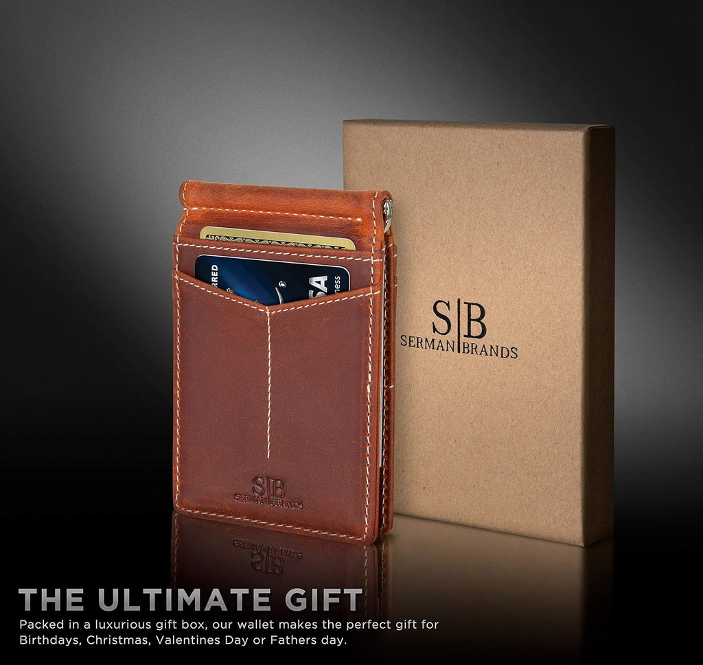 SERMAN BRANDS RFID Blocking Wallet Slim Bifold - Genuine Leather Minimalist Front Pocket Wallets for Men with Money Clip Gift