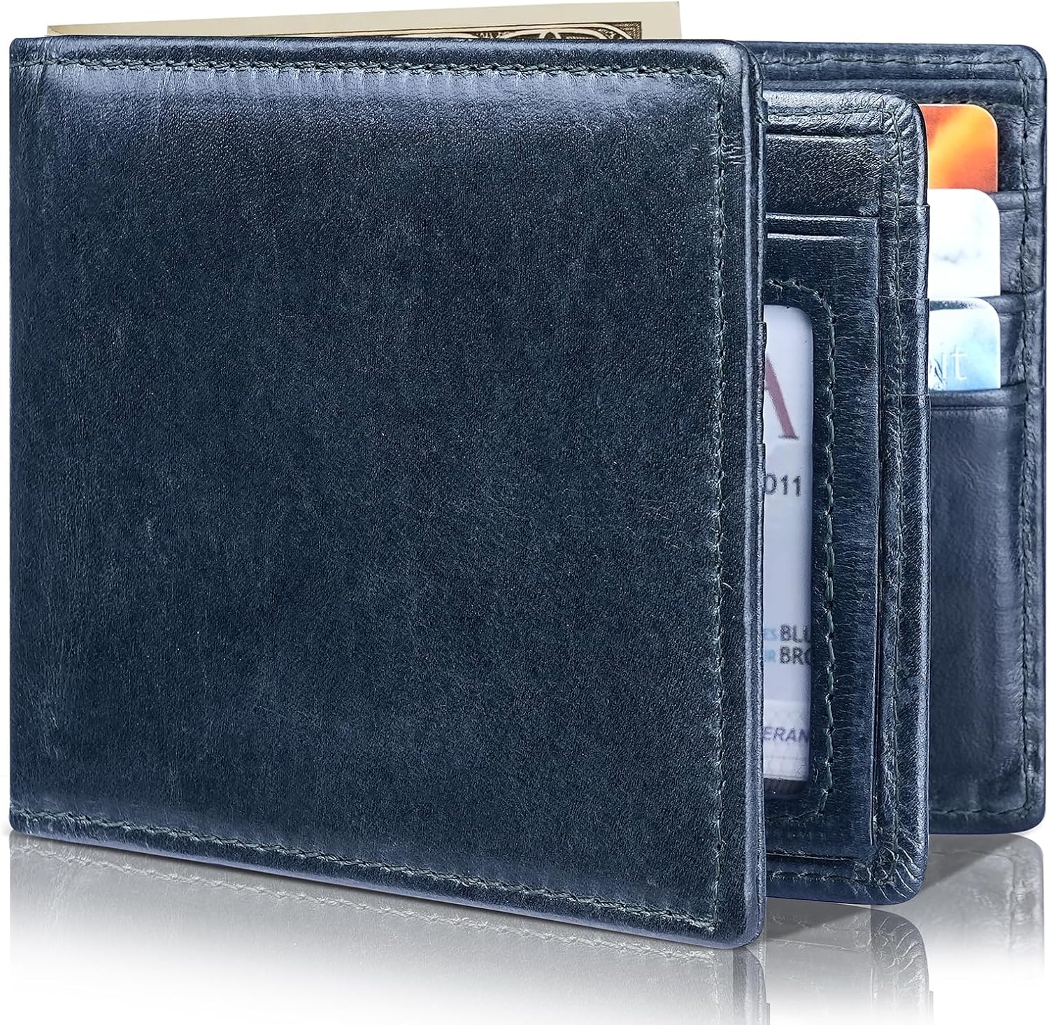 Mens Wallet Bifold Genuine Leather RFID Blocking Wallet for Men with 1 ID Windows 13 Card Holders 2 cash pockets 1 Gift Box