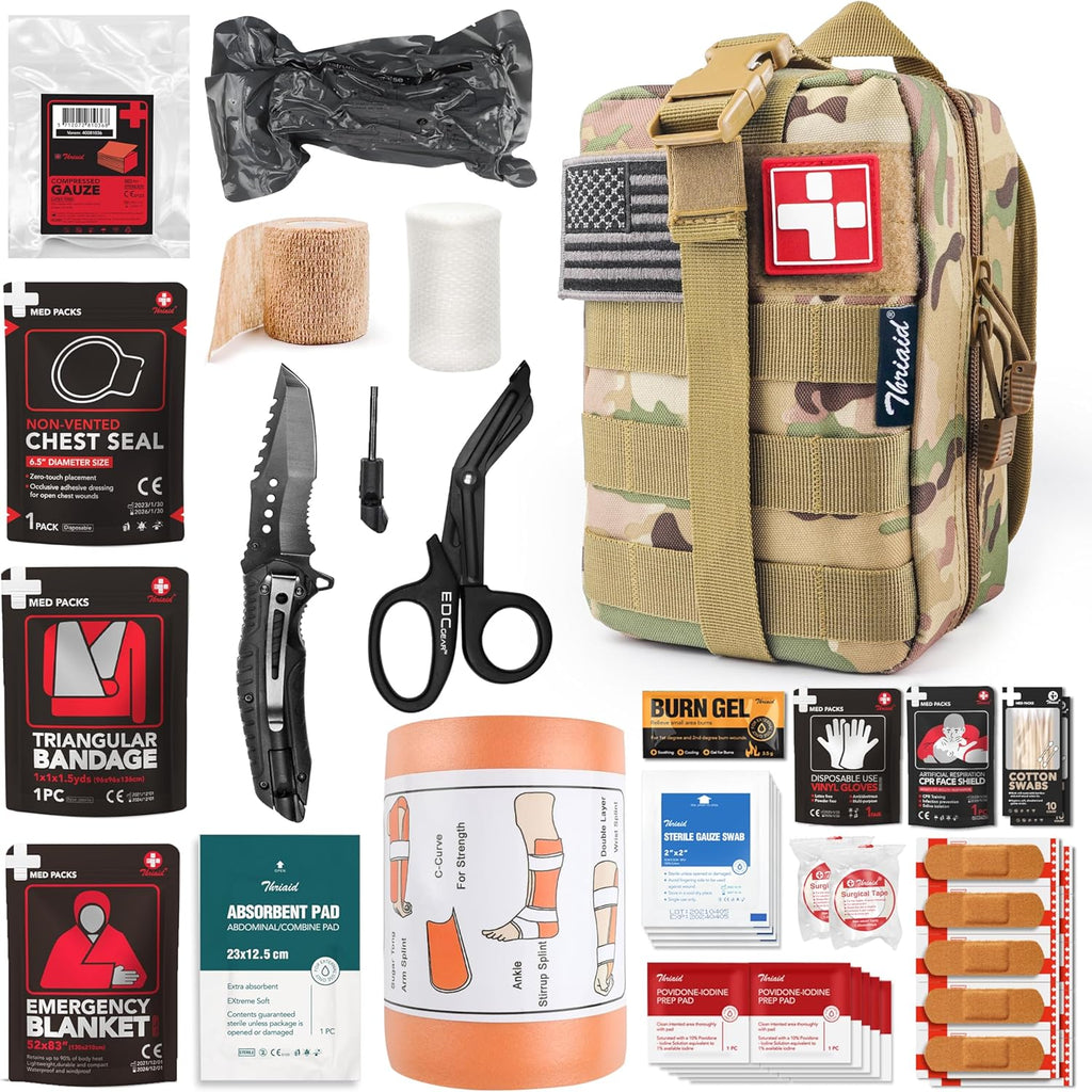 Survival First Aid Kit with Israeli Bandage, Splint, Chest Seal, Tactical Military Combat Molle IFAK for Wound Care, Bleeding Control, Trauma Hemorrhage and More