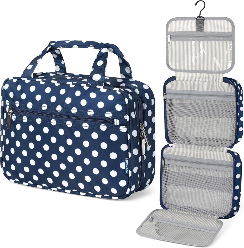 PAVILIA Hanging Toiletry Bag Travel Bag Women Men, Foldable Cosmetic Organizer, Roll up Makeup Bag, Water Resistant Accessories Toiletries, Large Travel Essentials Kit (Navy Polka Dot)