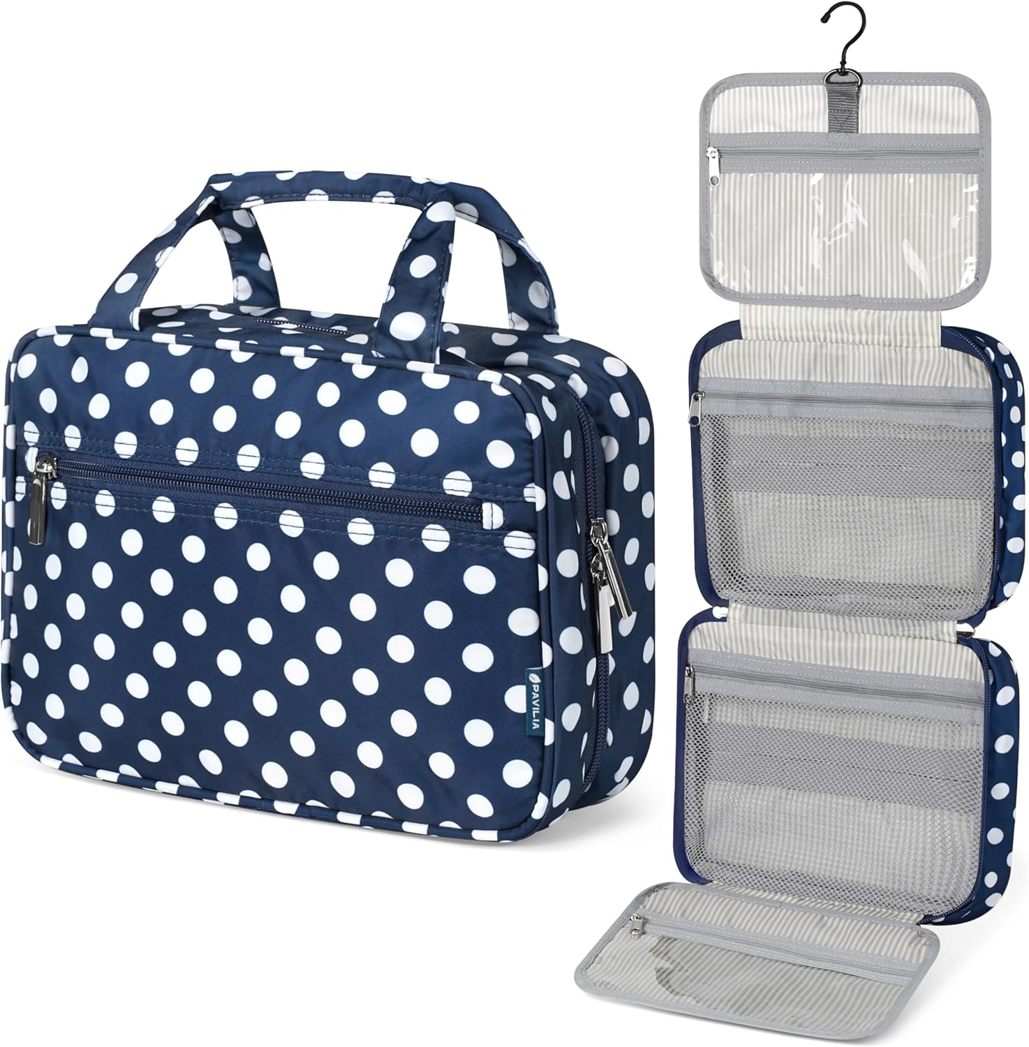 PAVILIA Hanging Toiletry Bag Travel Bag Women Men, Foldable Cosmetic Organizer, Roll up Makeup Bag, Water Resistant Accessories Toiletries, Large Travel Essentials Kit (Navy Polka Dot)