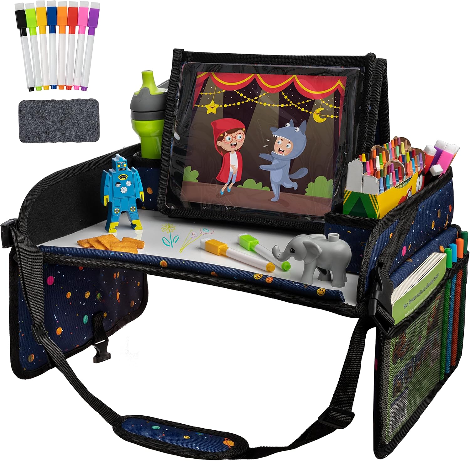 Lusso Gear Kids Travel Desk for Car Seats & Airplane - Car Seat Activity Tray with Dry Erase Top, Tablet Holder, Mesh Pockets & Cup Holder - Lap Desk for Toddlers on Road Trips (Planets)