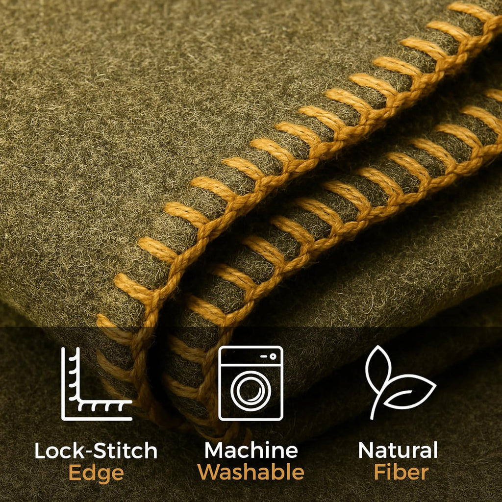 Wool Camping Blanket – 70% Wool Heavy-Duty Military Style Throw, Warm & Washable, Fire Retardant Cover for Emergency, Survival & Outdoor Use – Perfect for Camping, Car, Home & Hiking, Olive 62x84