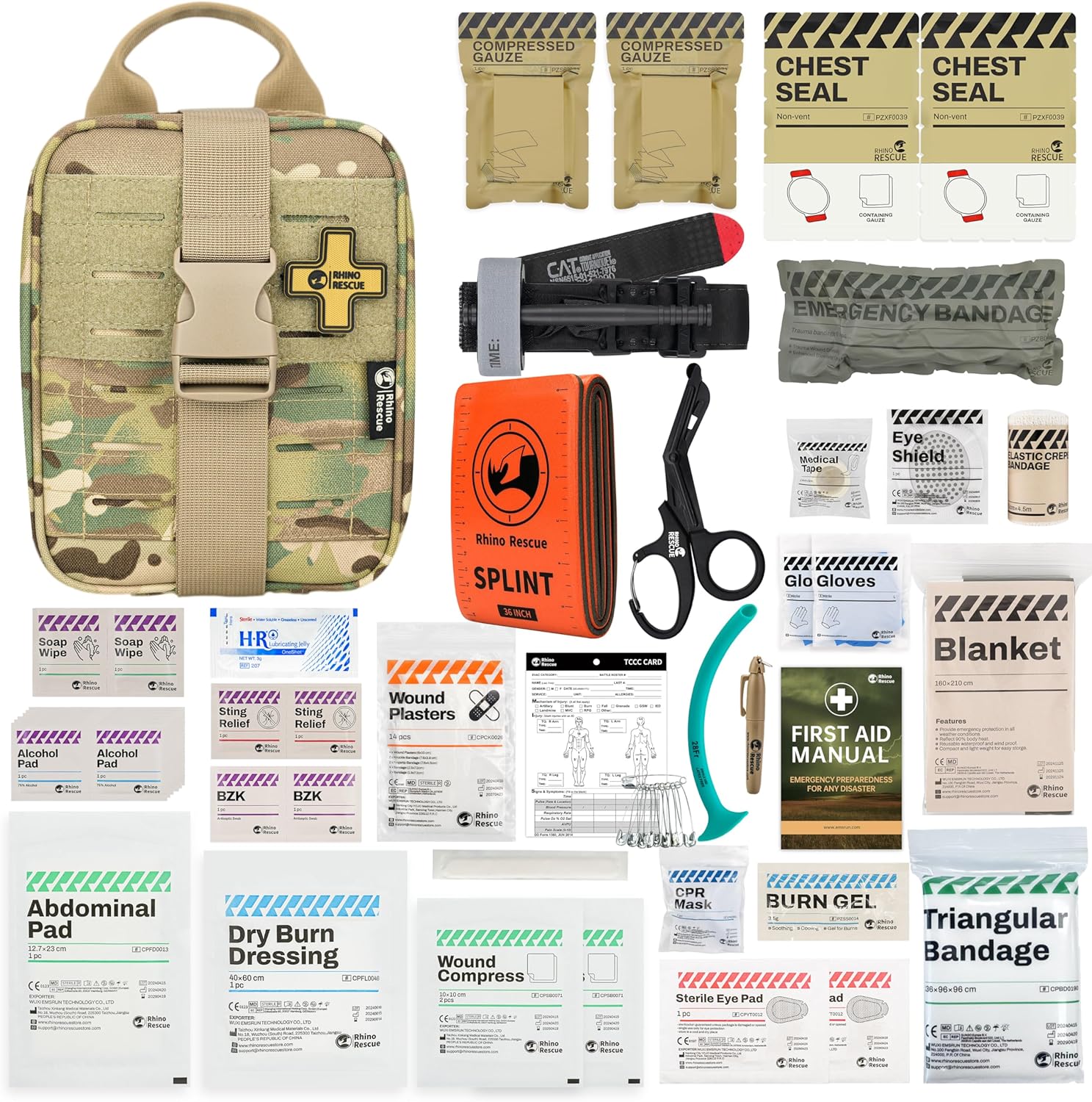 RHINO RESCUE IFAK Trauma Kit with C-A-T Tourniquet, Tactical First Aid Kit Molle Pouch for Military, Combat, Car, Camping, Hiking, Travel (Camo)
