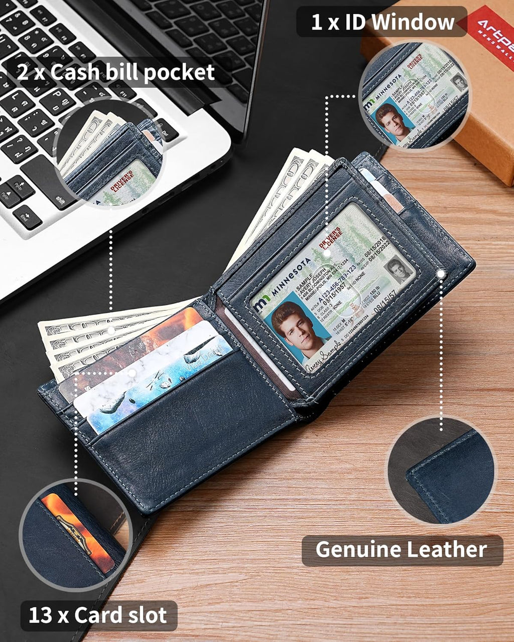 Mens Wallet Bifold Genuine Leather RFID Blocking Wallet for Men with 1 ID Windows 13 Card Holders 2 cash pockets 1 Gift Box