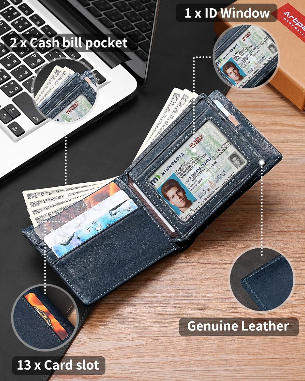 Mens Wallet Bifold Genuine Leather RFID Blocking Wallet for Men with 1 ID Windows 13 Card Holders 2 cash pockets 1 Gift Box