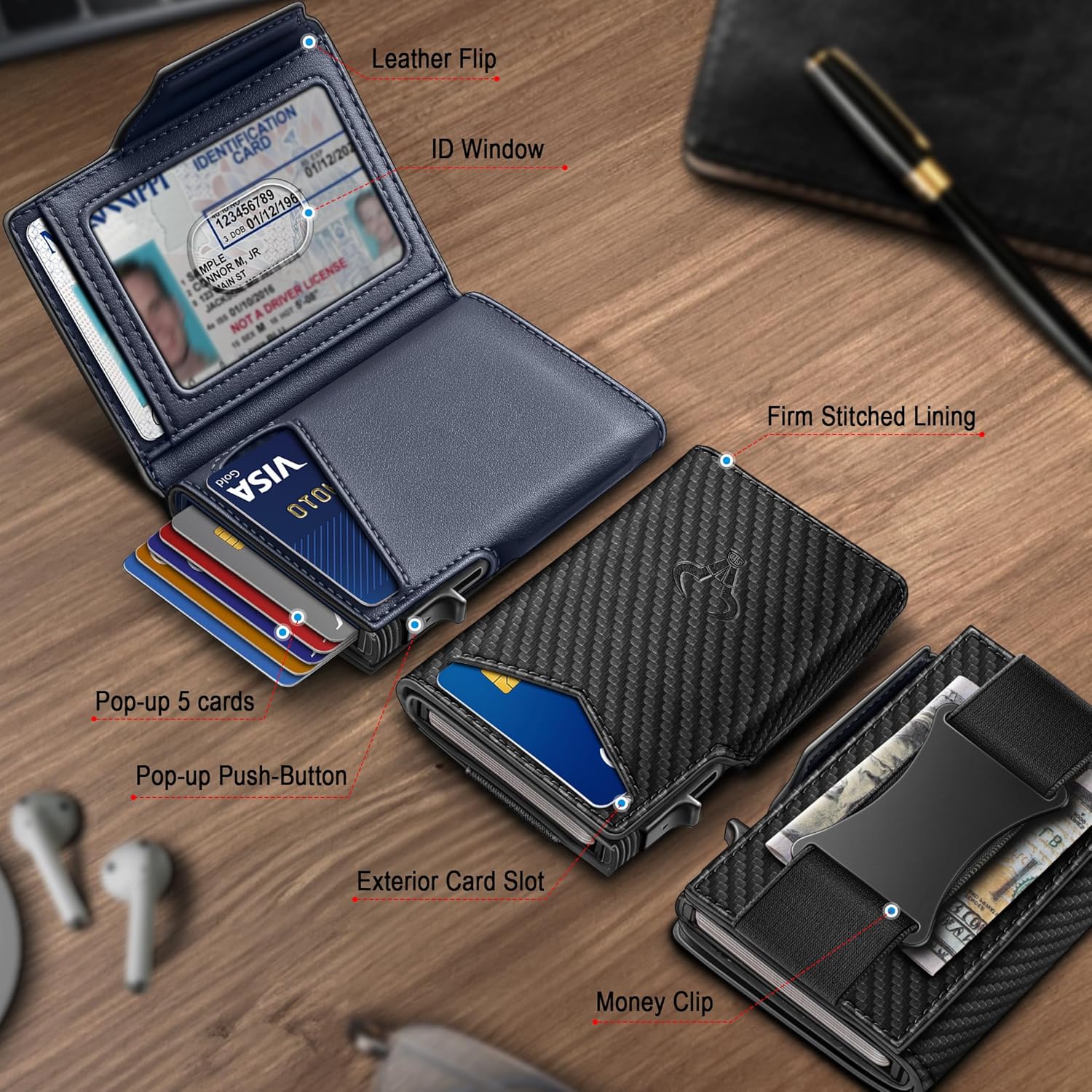 BULLIANT Men Wallet Gift Boxed,Slim Front Pocket Wallet Money Clip Card Holder 3.8"x2.7",Pop-up Access