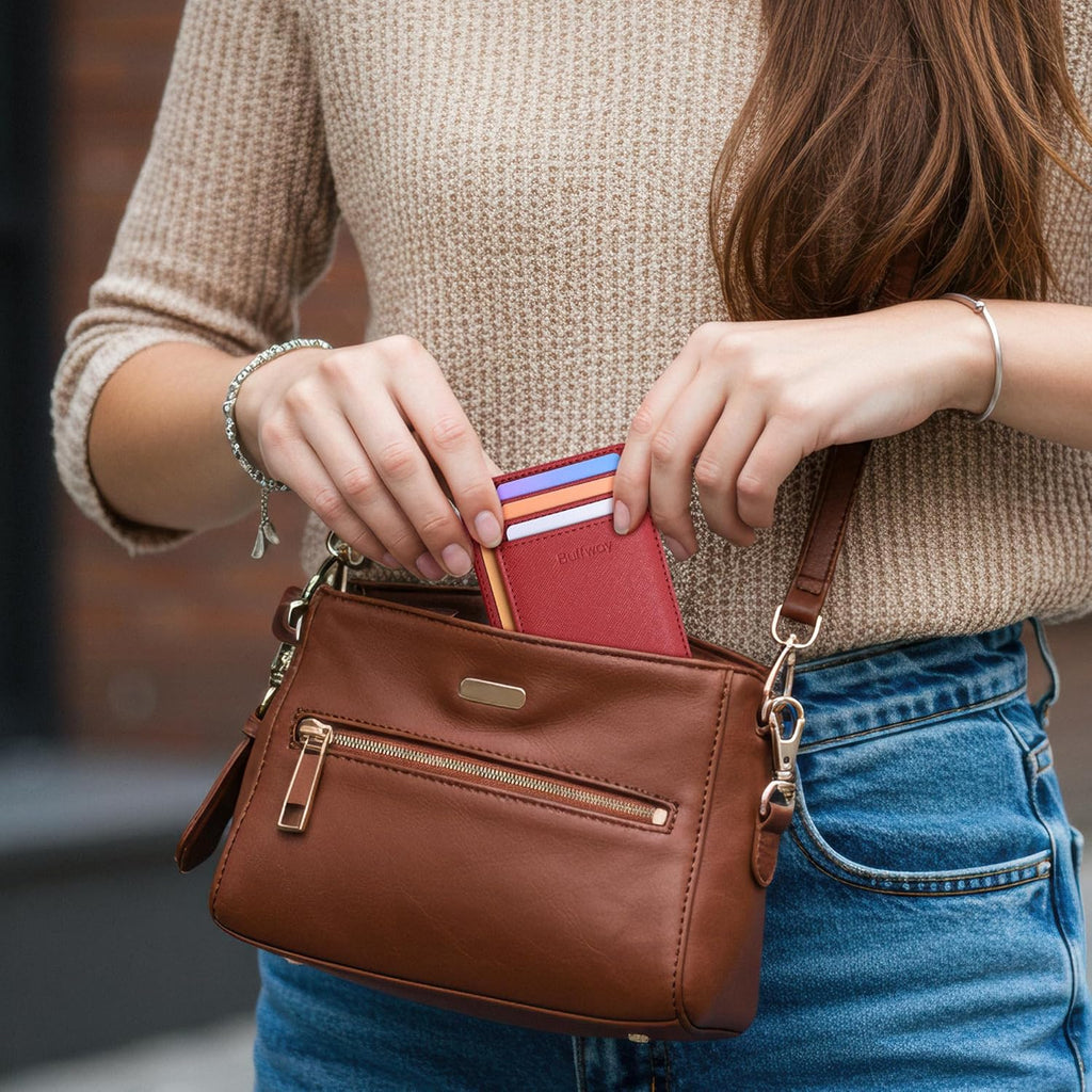 Buffway Slim Minimalist Front Pocket RFID Blocking Leather Wallets for Men and Women - Cross Red