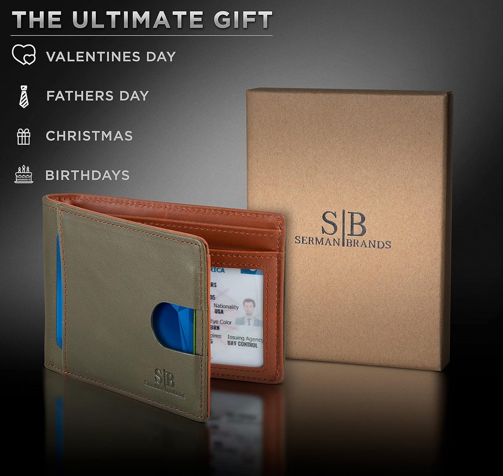 SERMAN BRANDS RFID Blocking Slim Bifold Genuine Leather Thin Minimalist Front Pocket Wallets for Men Billfold Wallet Men Gift