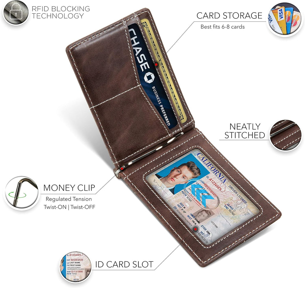 SERMAN BRANDS RFID Blocking Wallet Slim Bifold - Genuine Leather Minimalist Front Pocket Wallets for Men with Money Clip Gift