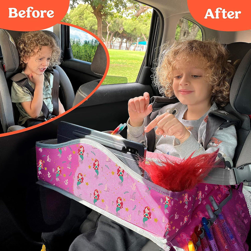 PILLANI Kids Travel Tray for Car - Car Seat Tray for Kids, Road Trip Essentials & Must Haves, Carseat Table Roadtrip Activities - Toddler Lap Desk Organizer for Airplane