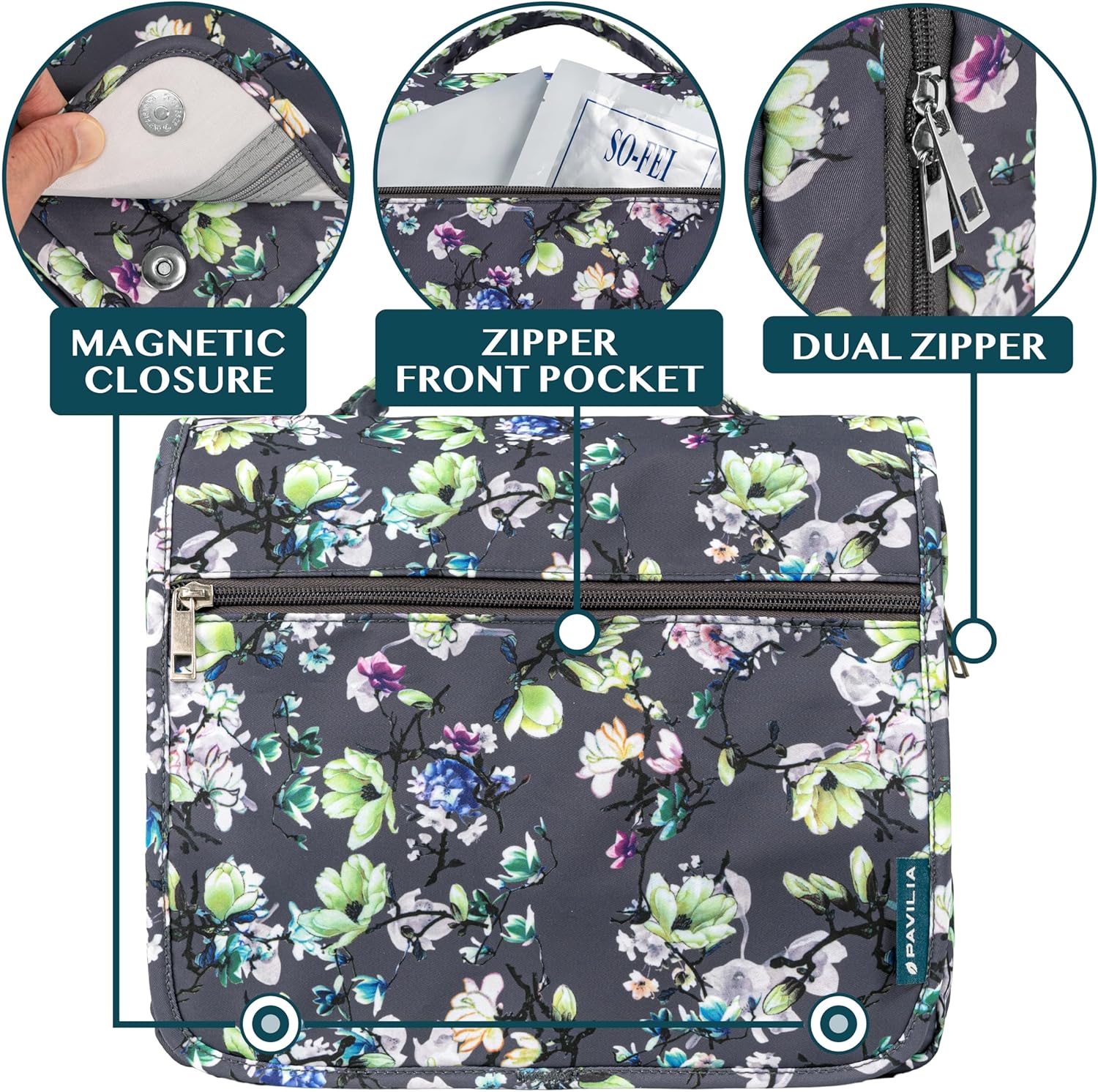 PAVILIA Hanging Toiletry Bag Women Men, Foldable Cosmetic Organizer Travel Bag, Water Resistant Makeup Bag Toiletries, Large Travel Essentials Kit (Grey Floral)