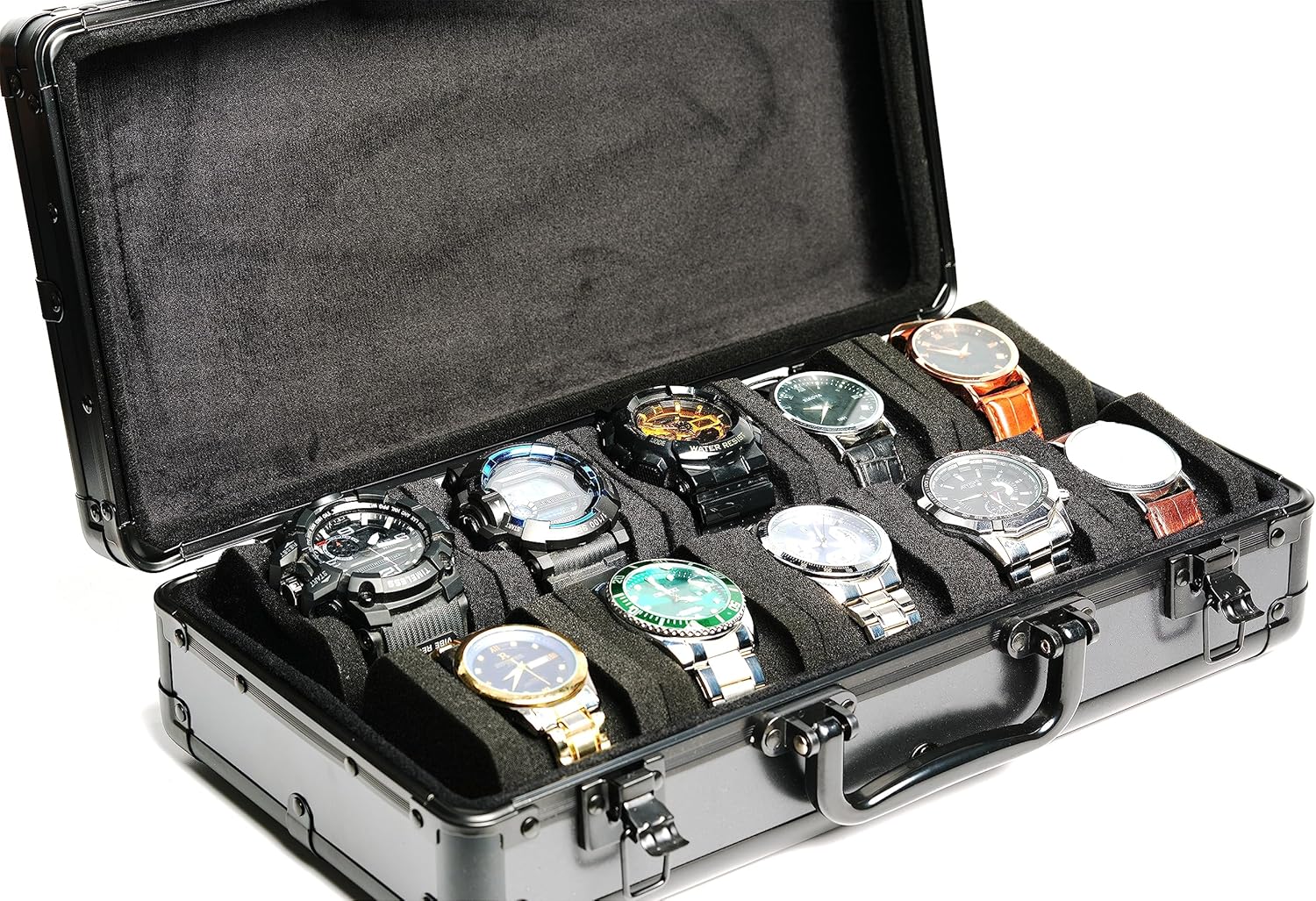 10 slots Aluminum watch case, Hard Deluxe watch storage organizer box with soft foam padding snug fit watches up to 55mm face