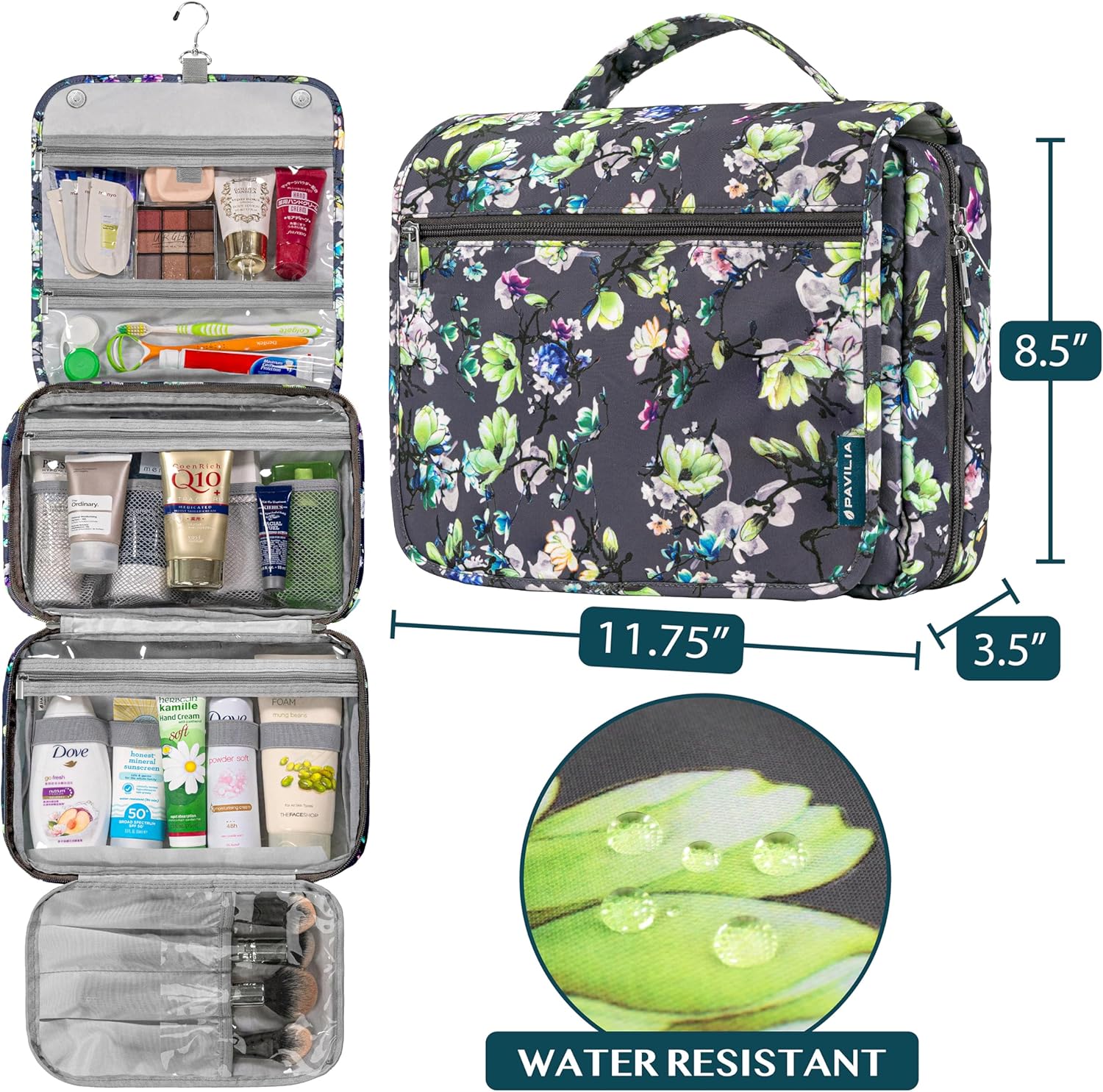 PAVILIA Hanging Toiletry Bag Women Men, Foldable Cosmetic Organizer Travel Bag, Water Resistant Makeup Bag Toiletries, Large Travel Essentials Kit (Grey Floral)