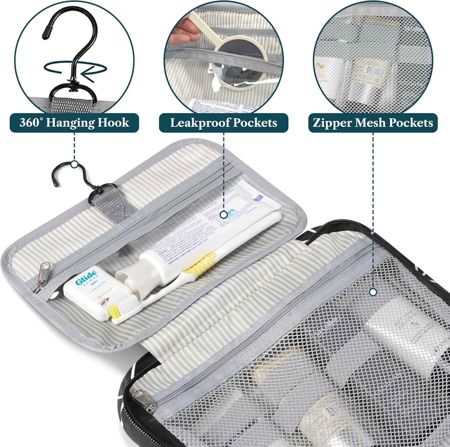 PAVILIA Hanging Toiletry Bag Travel Bag Women Men, Foldable Cosmetic Organizer, Roll up Makeup Bag, Water Resistant Accessories Toiletries, Large Travel Essentials Kit (Black Chevron)