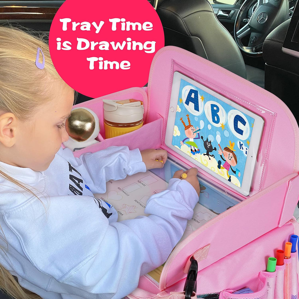 MENZOKE Kids Travel Tray, Car Seat Table Tray, Road Trip Essentials with Educational Drawing Board, Tablet Holder & Cooler Cup Holder, Travel Table for Kids Gifts in Car, Airplane, Multicoloured
