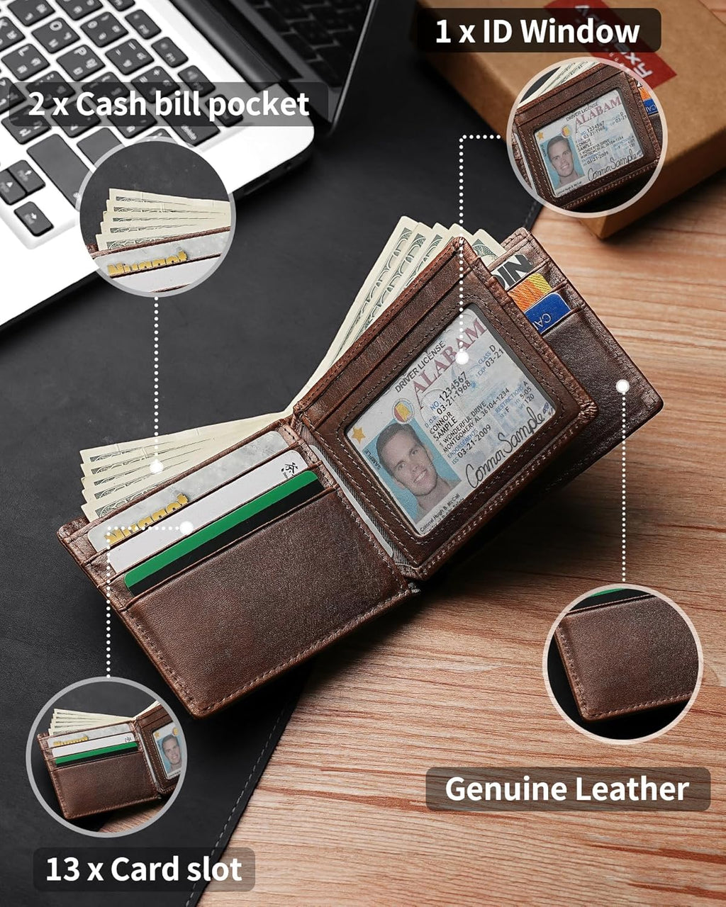 Mens Wallet Genuine Leather Bifold RFID Blocking Wallet for Men with 1 ID Window 13 Card Holders 2 cash pockets 1 Gift Box