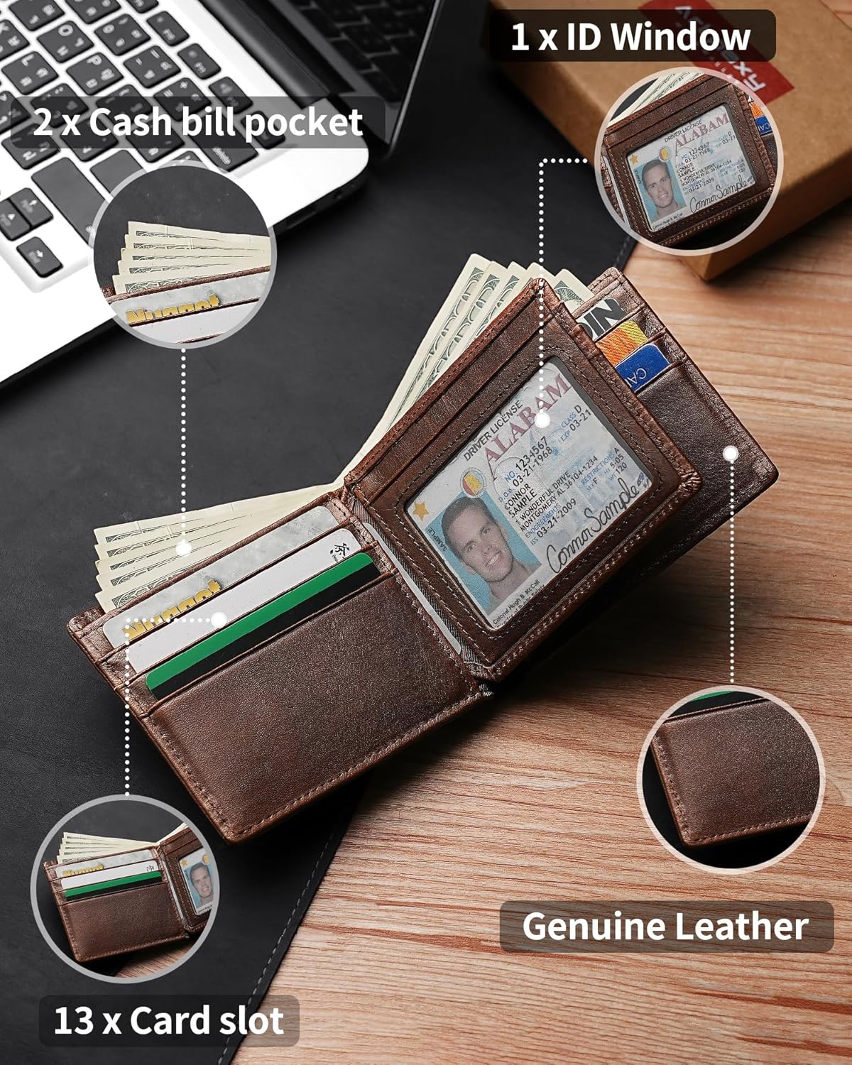 Mens Wallet Genuine Leather Bifold RFID Blocking Wallet for Men with 1 ID Window 13 Card Holders 2 cash pockets 1 Gift Box