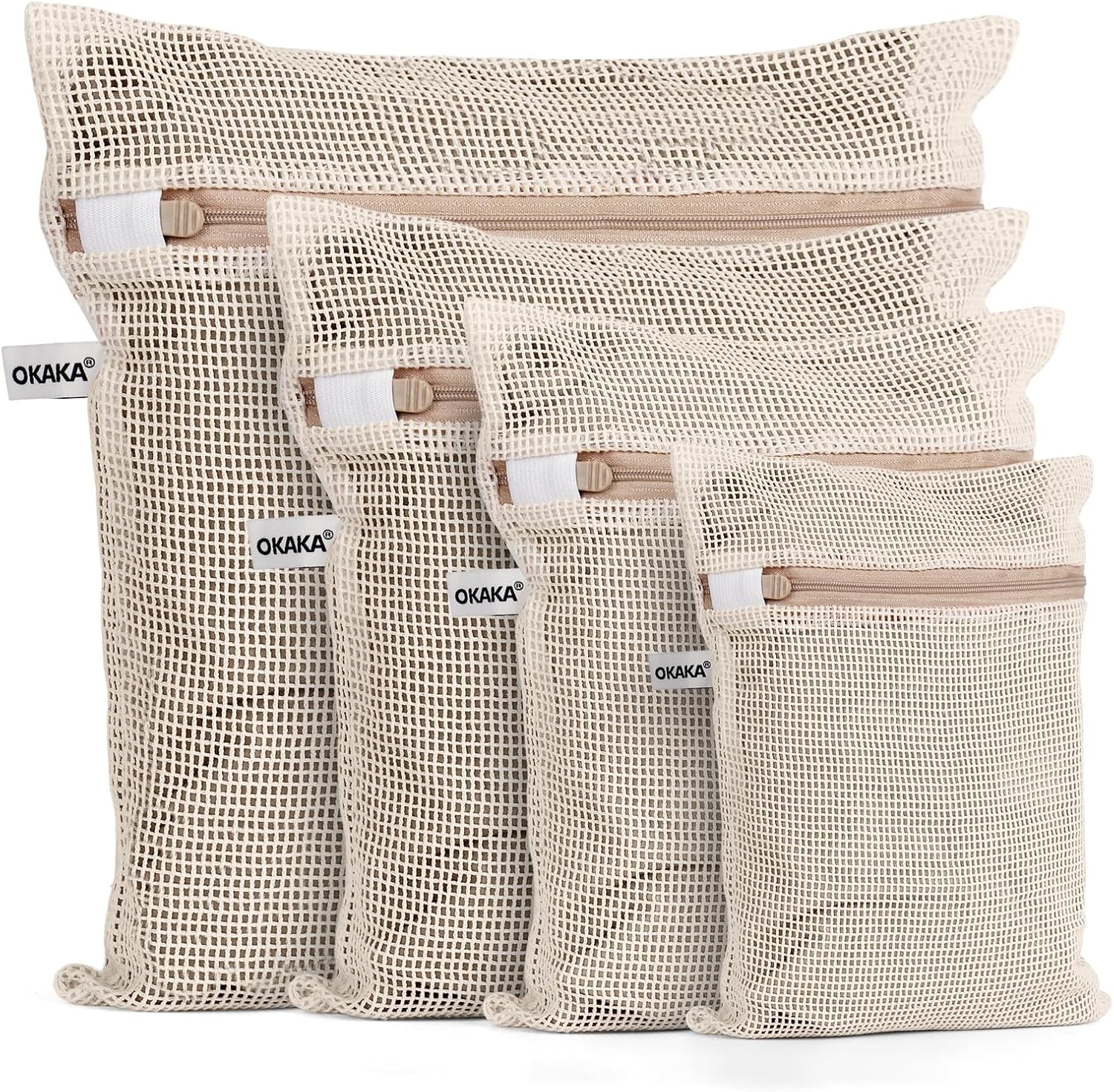 100% Cotton Mesh Laundry Bags, Premium Soft, No Dye, Set of 4, Natural