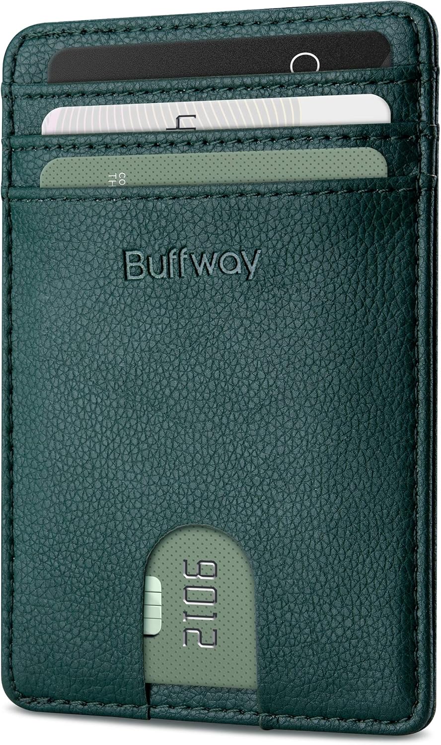 Buffway Mens Slim Wallet, Minimalist Thin Front Pocket Leather Credit Card Holder with RFID Blocking for Work Travel
