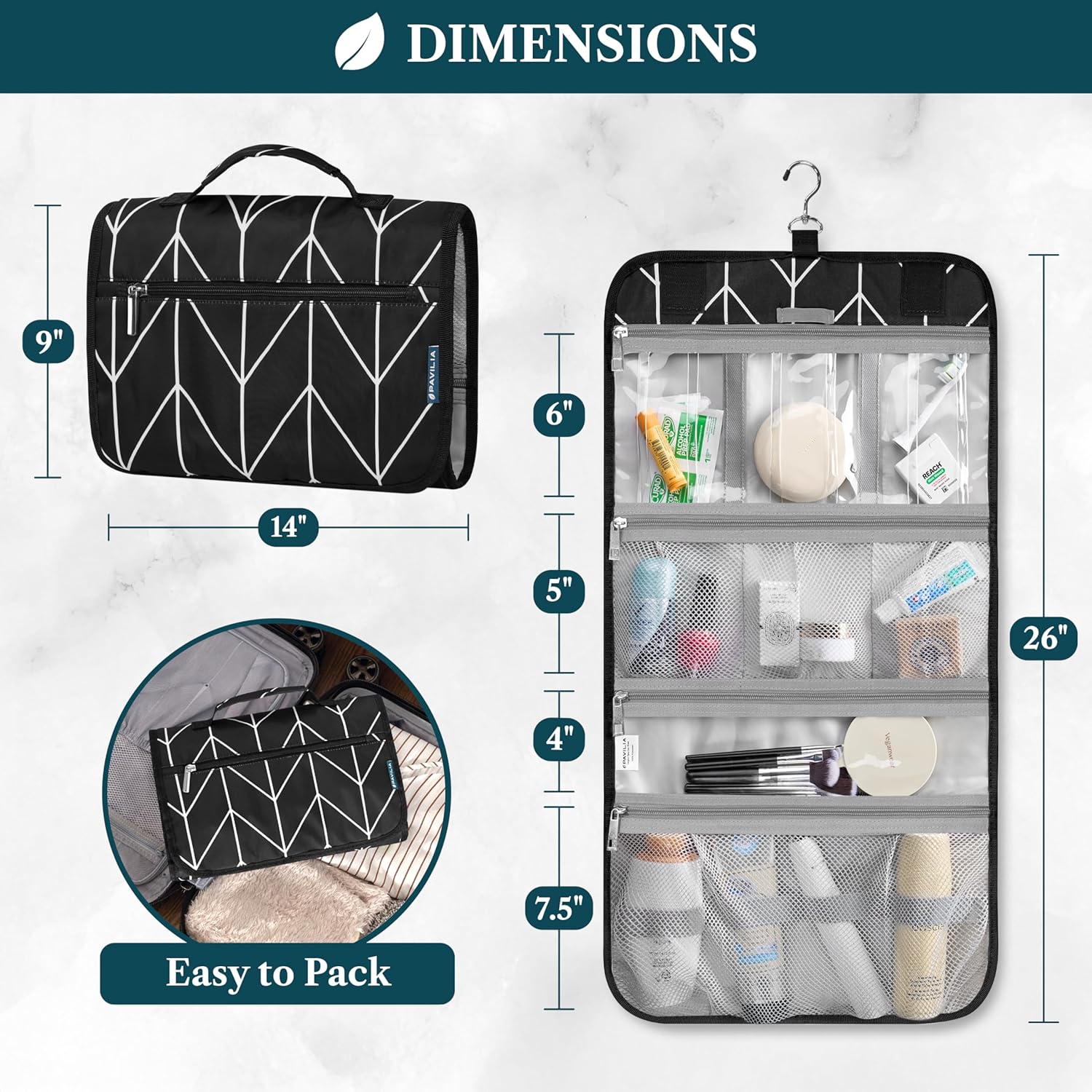 PAVILIA Hanging Toiletry Bag Women Men, Travel Kit Foldable Large Toiletries Organizer, Roll up Cosmetics Makeup Bag Accessories, Waterproof Essentials Jewelry Case (Black Chevron)