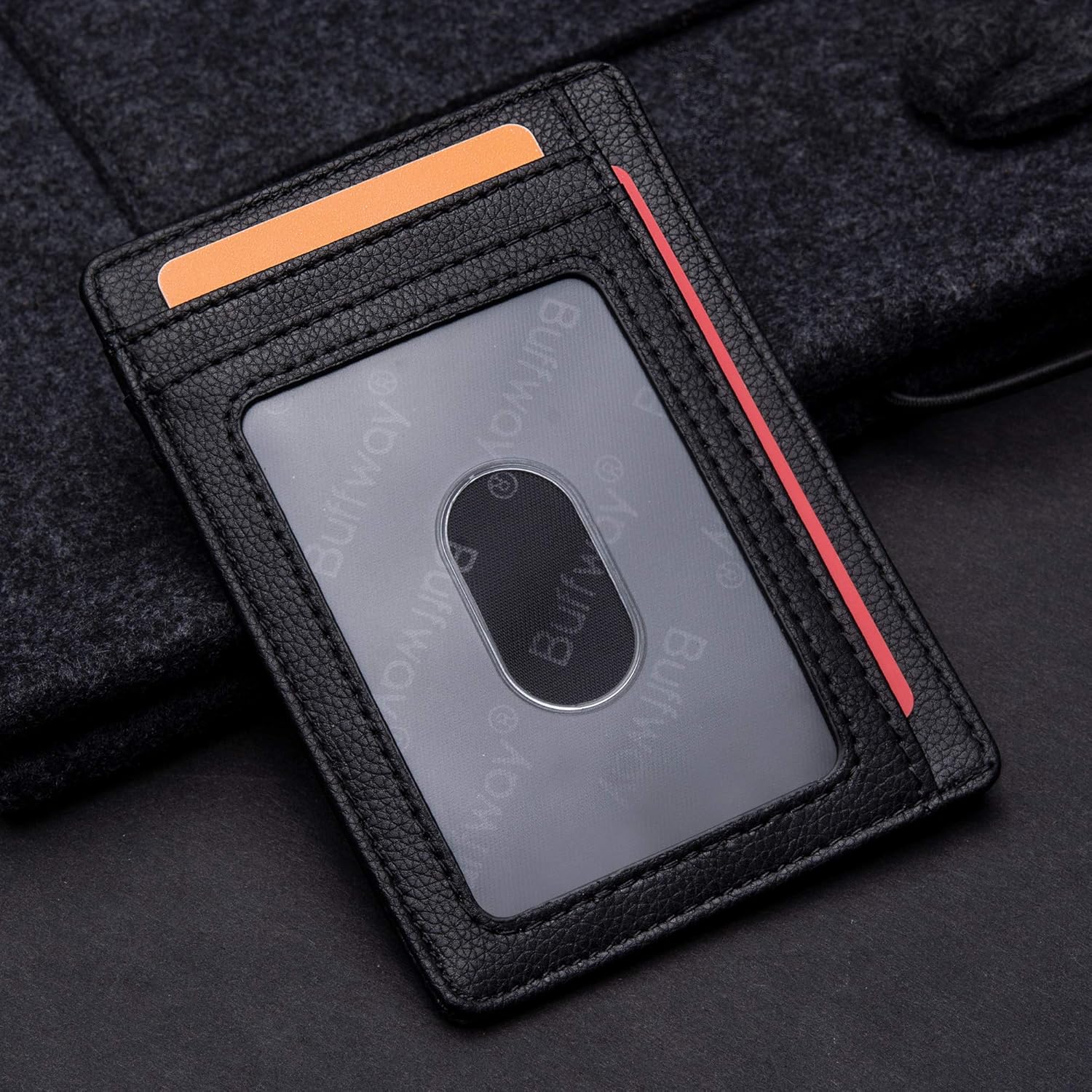 Buffway Slim Minimalist Front Pocket RFID Blocking Leather Wallets for Men and Women - Lichee Black