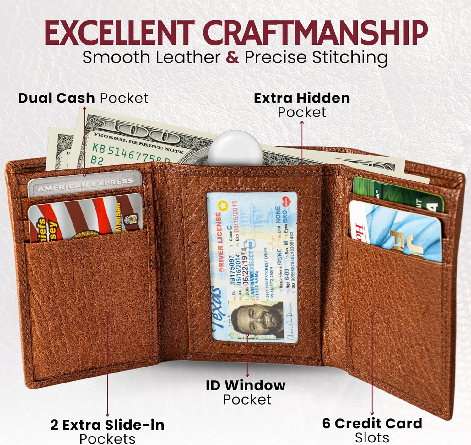 BULL GUARD Leather Trifold Wallets For Men with ID and RFID Blocking Great For Work, Sports, Outdoors