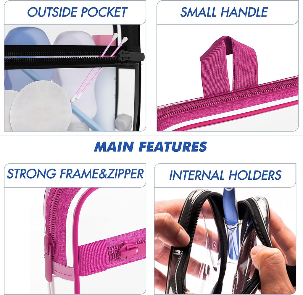 TSA Approved Toiletry Bag 3-1-1 Clear Travel Cosmetic Bag with Handle - Quart Size Bag with Zipper - Carry-on Luggage Clear Toiletry Bag for Liquids - Airport Airline TSA Compliant Color Pink
