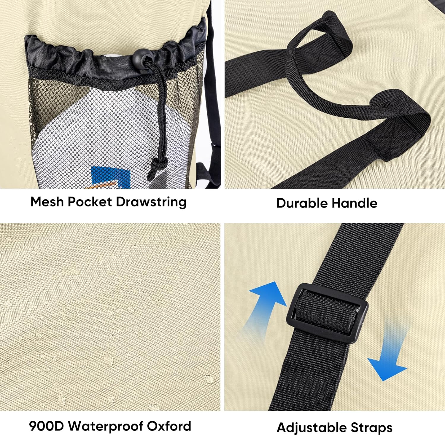 BALEINE 150L Laundry Bag Backpack, 900D Oxford Fabric Large Travel Laundry Bags with Shoulder Straps and 2 Mesh Pockets for College Dorm, Apartment, Laundromat (Beige, 150L)