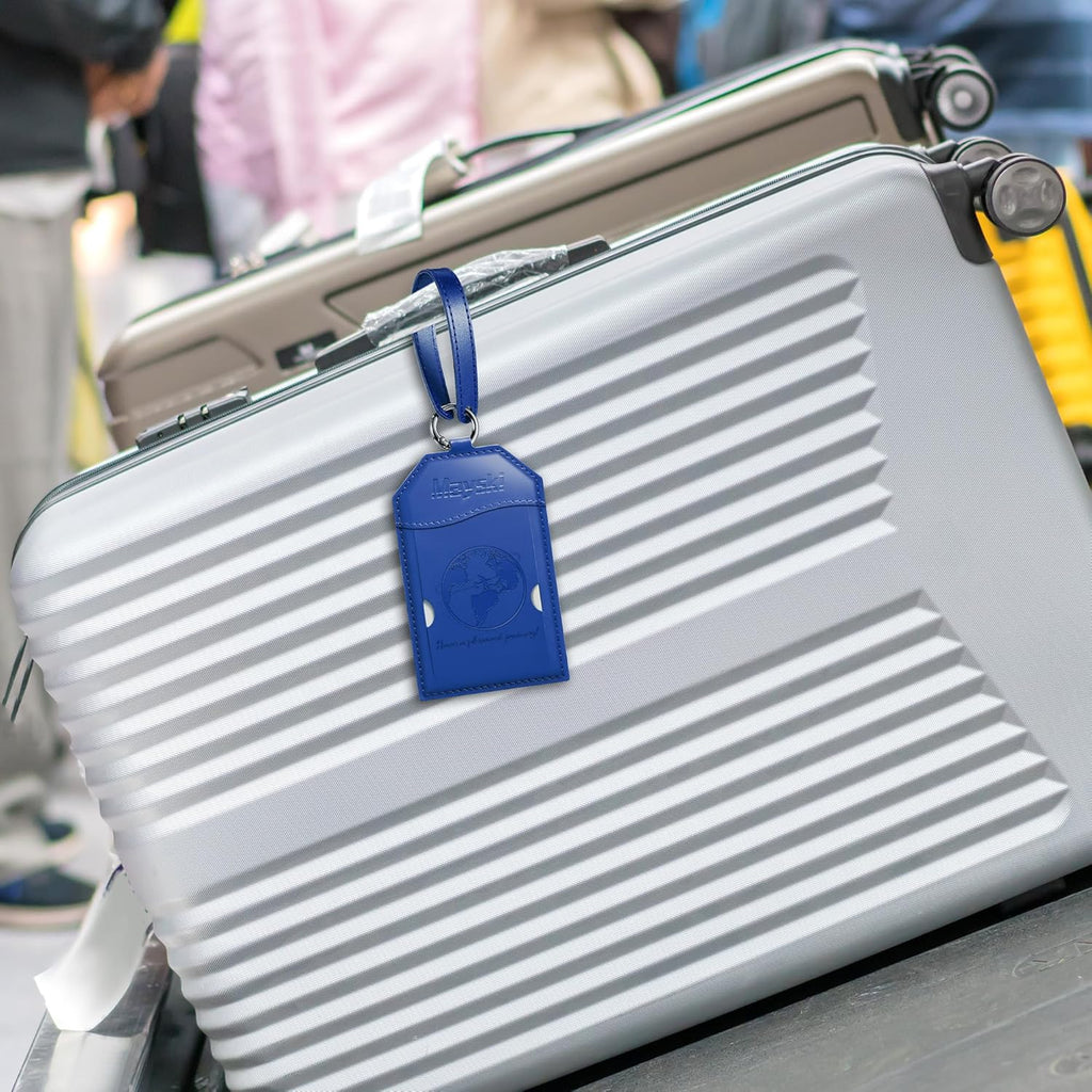 Mayski Luggage Tags for Suitcases 3 Pack Suitcase Bag Tags, TSA Approved, Metal Buckle, Bag Tags with Name ID Card Travel Essentials, Blue Global