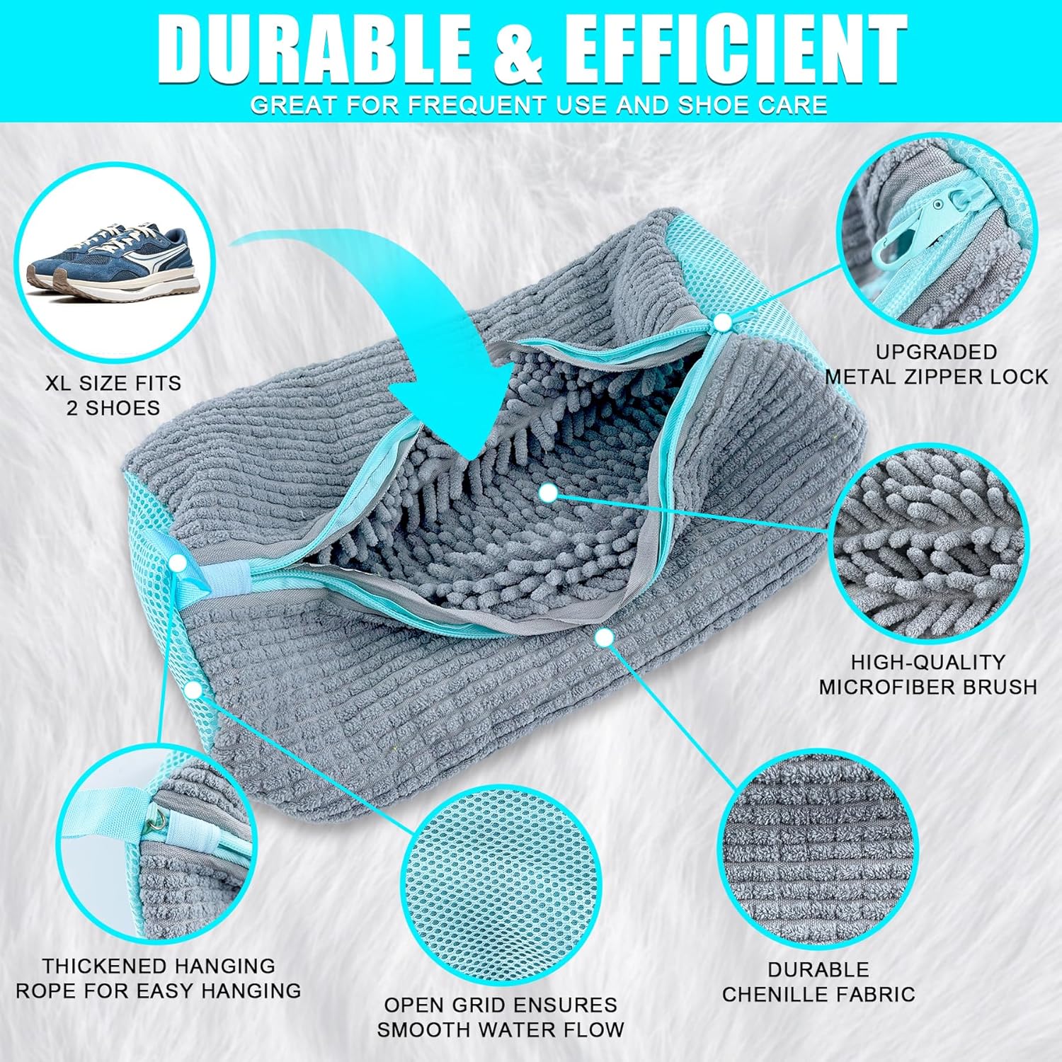XXL Shoe Washing Machine Bag - 2-Pack Reusable Shoe Cleaning Bags, 360° Deep Clean for Tennis Shoes, Sneakers and Slippers, Includes 2 Shoe Storage Dust Bags (Gray)