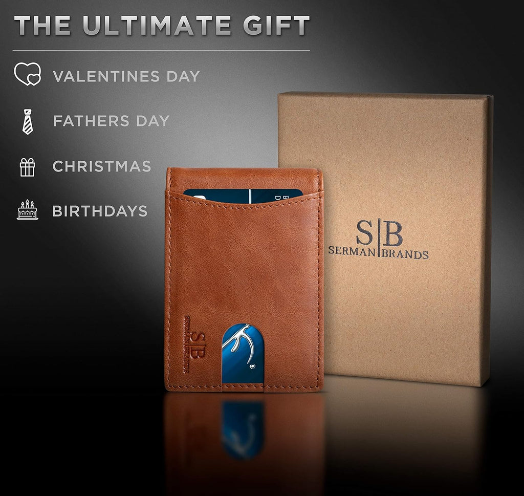 SERMAN BRANDS RFID Blocking Slim Bifold Genuine Leather Minimalist Front Pocket Wallets for Men with Money Clip Thin Gift