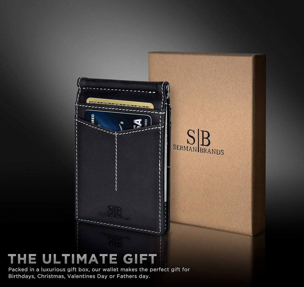 SERMAN BRANDS RFID Blocking Wallet Slim Bifold - Genuine Leather Minimalist Front Pocket Wallets for Men with Money Clip Gift