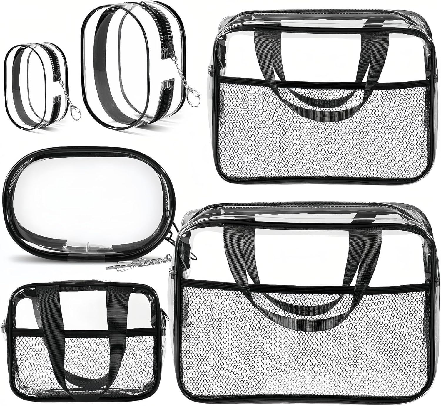 XEWEA Clear Travel Toiletry Bags & Small Electronic Accessories Organizer Case, 6 PCS TSA Approved Transparent Makeup Bag for Women Men, Waterproof PVC Quart Pouch with Zipper for Airline Essentials