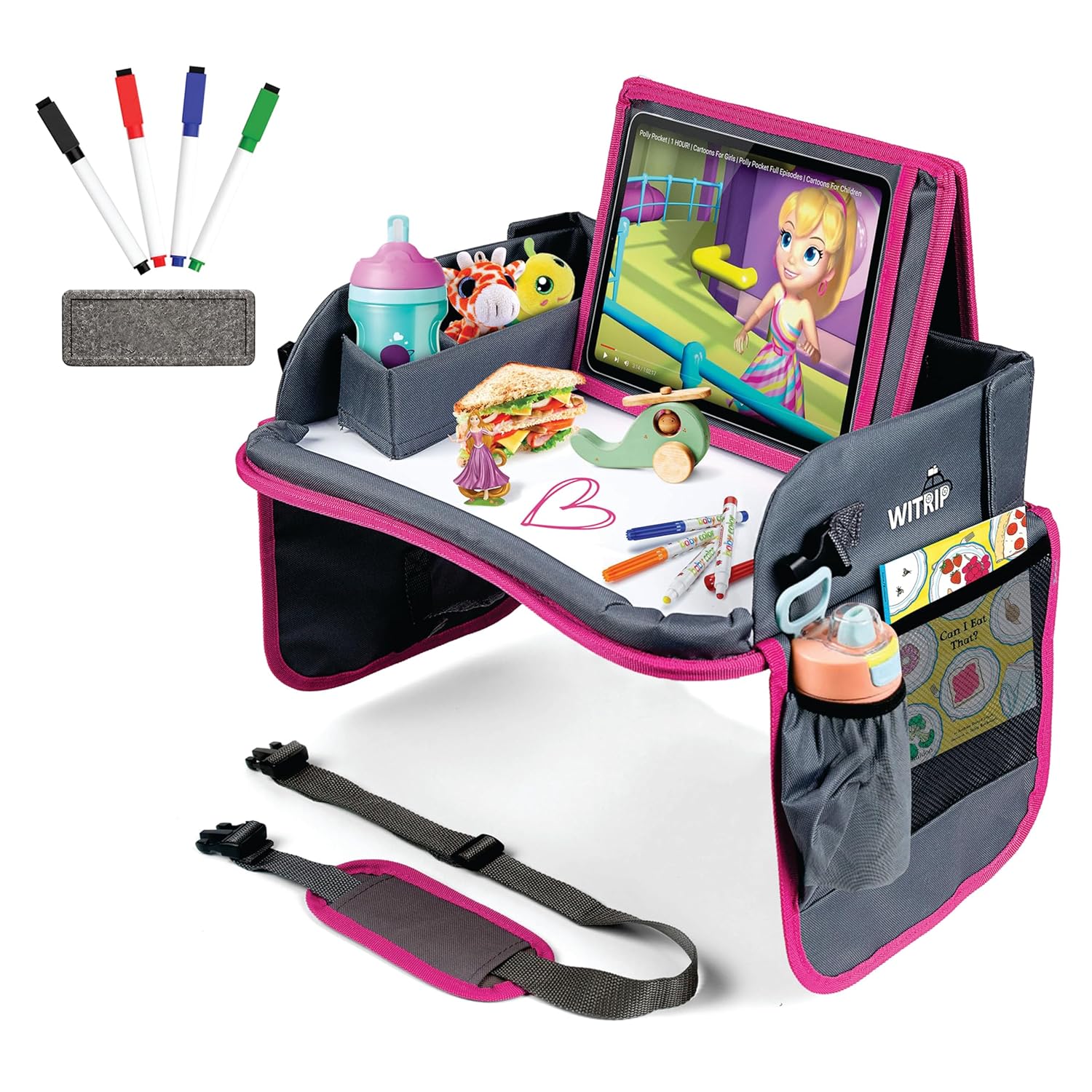 Kids Travel Tray with Dry Erase Board, Travel Tray for Kids Car Seat, Carseat Table Trays for Toddler, Kid Activity Desk for Air Travel, No-Drop Tablet Holder & Borders (Pink Frame)