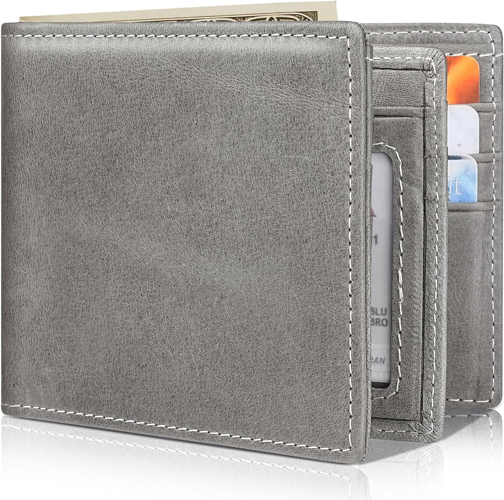 Mens Wallet Bifold Genuine Leather RFID Blocking Wallet for Men with 1 ID Windows 13 Card Holders 2 cash pockets 1 Gift Box