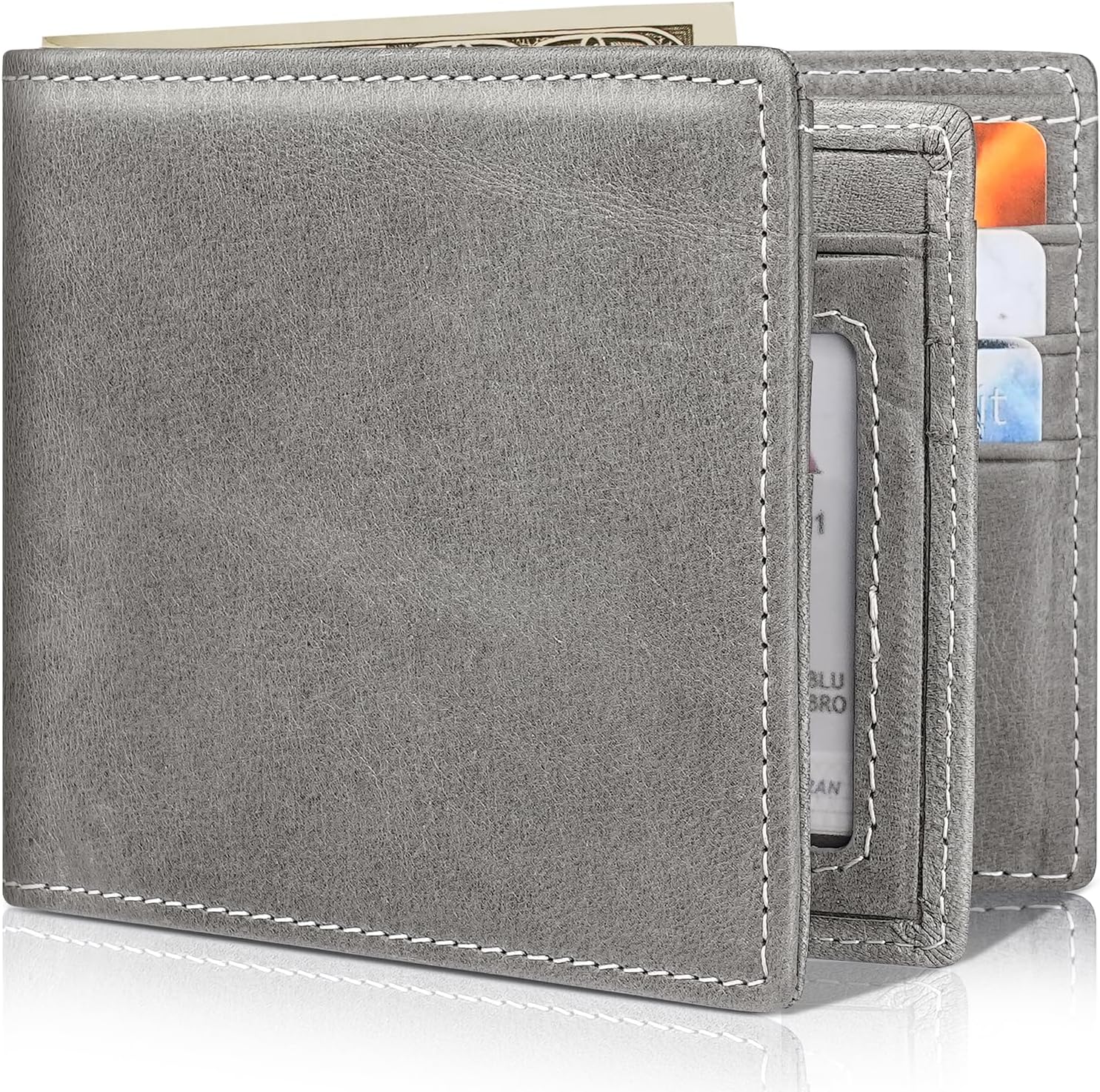 Mens Wallet Bifold Genuine Leather RFID Blocking Wallet for Men with 1 ID Windows 13 Card Holders 2 cash pockets 1 Gift Box