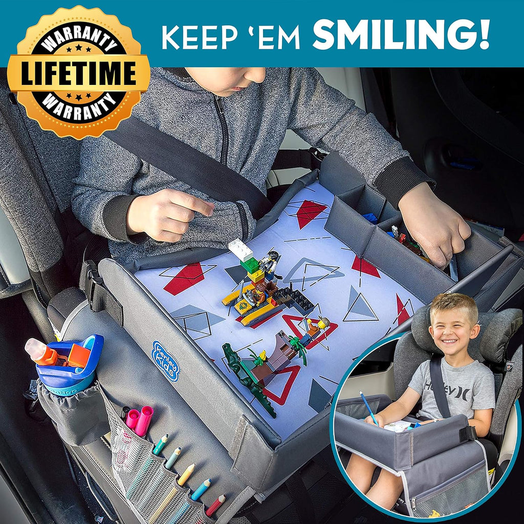Kenley Kids Travel Tray, Toddler Car Seat Lap Tray, Road Trip Essentials Activity Table (Blue/Gray)
