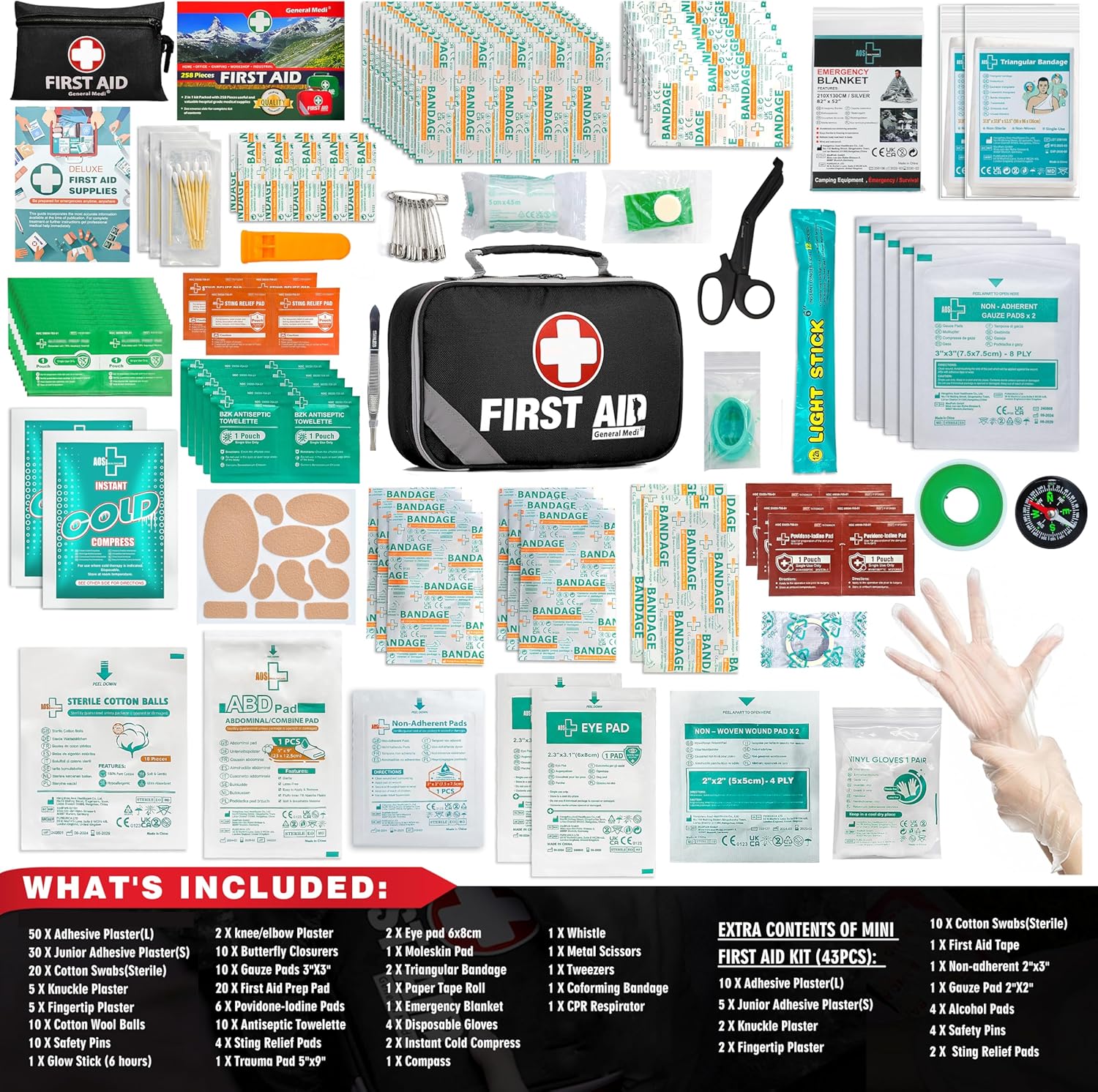 General Medi 2-in-1 First Aid Kit (215 Piece Set) + 43 Piece Mini First Aid Kit -Includes Ice(Cold) Pack, Moleskin Pad and Emergency Blanket for Travel, Home, Office, Car, Workplace(Black)