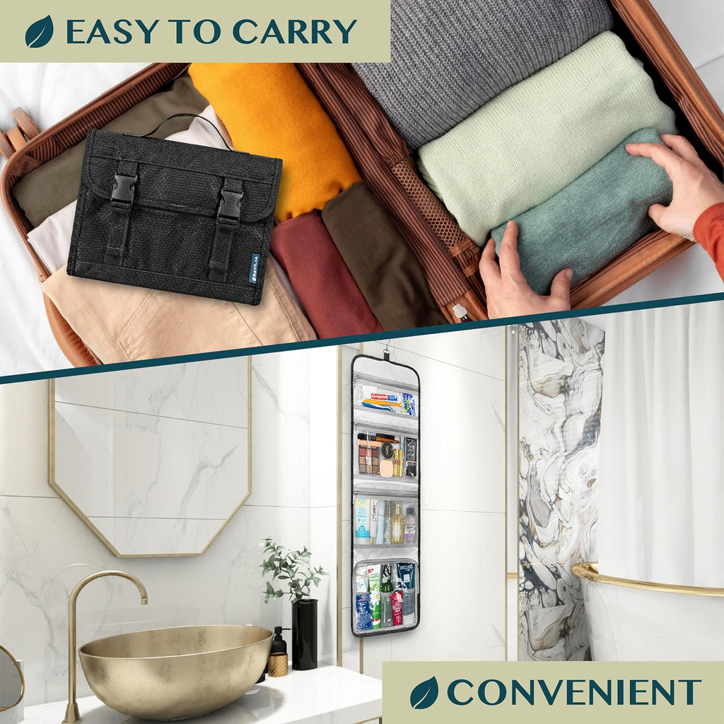 PAVILIA Travel Hanging Toiletry Bag for Women Men, Large Capacity Makeup Bag Kit, Waterproof Cosmetic Storage Organizer Case for Bathroom Shower, Black