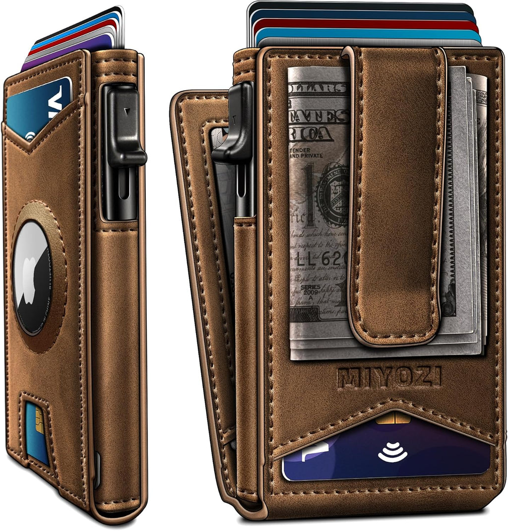 Airtag Wallet for Men,with Money Clip Gift Boxed,Slim Front Pocket Wallet RFID Blocking Metal Case Smart Pop-up Credit Card Holder in Magnetic Leather Flip