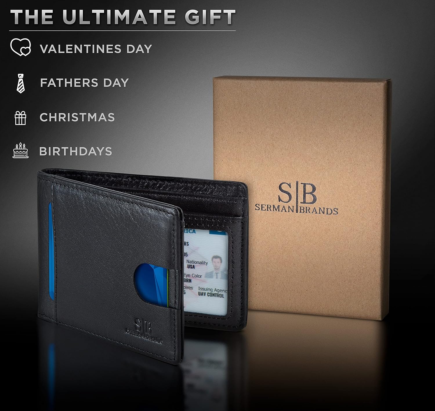 SERMAN BRANDS RFID Blocking Slim Bifold Genuine Leather Thin Minimalist Front Pocket Wallets for Men Billfold Wallet Men Gift