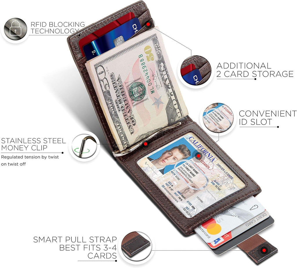 SERMAN BRANDS RFID Blocking Slim Bifold Genuine Leather Minimalist Front Pocket Wallets for Men with Money Clip Thin Mens