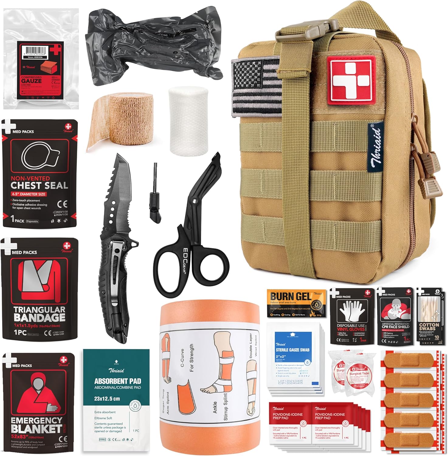 Survival First Aid Kit with Israeli Bandage, Splint, Chest Seal, Tactical Military Combat Molle IFAK for Wound Care, Bleeding Control, Trauma Hemorrhage and More