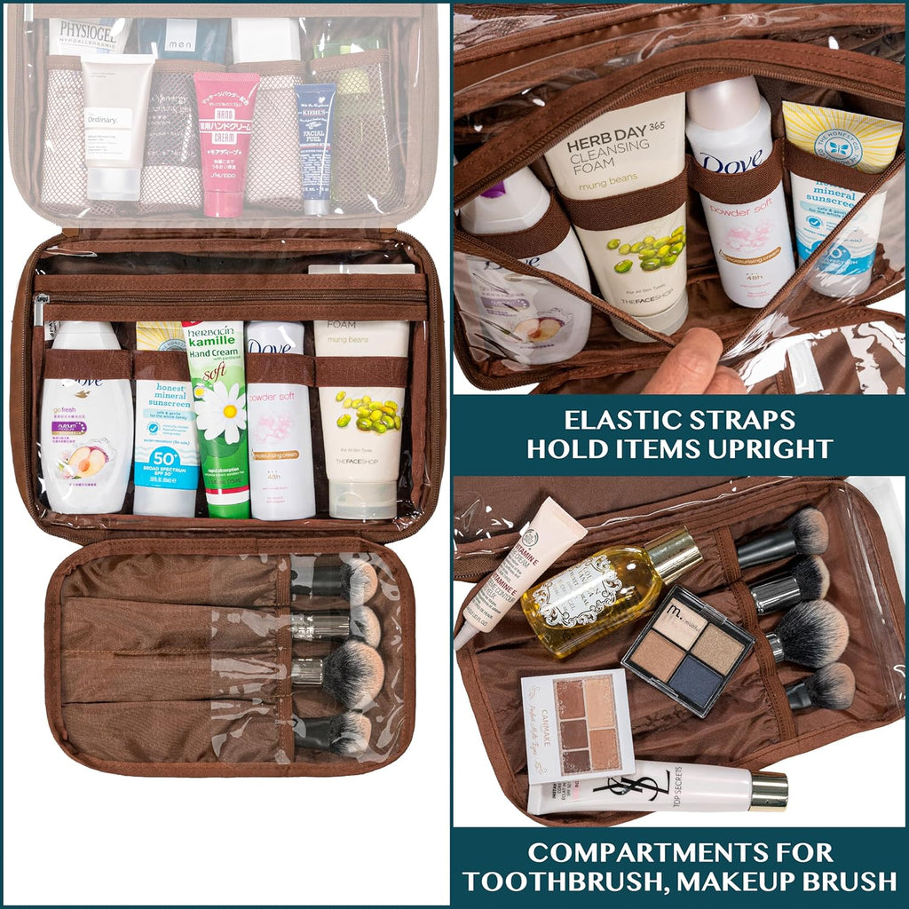 PAVILIA Hanging Toiletry Bag Women Men, Foldable Cosmetic Organizer Travel Bag, Water Resistant Makeup Bag Toiletries, Large Travel Essentials Kit (Brown)