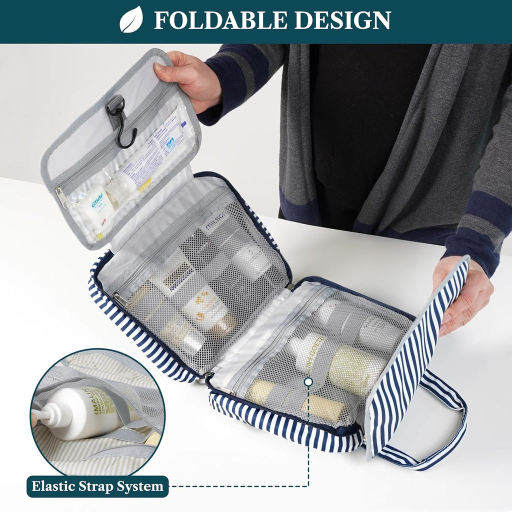 PAVILIA Hanging Toiletry Bag Travel Bag Women Men, Foldable Cosmetic Organizer, Roll up Makeup Bag, Water Resistant Accessories Toiletries, Large Travel Essentials Kit (Navy Stripe)