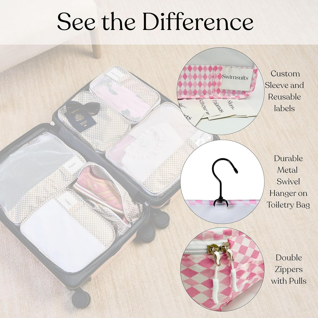 9 Set Packing Cubes - Suitcase Organizer, Cute Packing Cubes, Travel Bags Organizer for Luggage with Hanging Toiletry and Shoe Bag, Travel Essentials for Women, Men and Kids -Pink