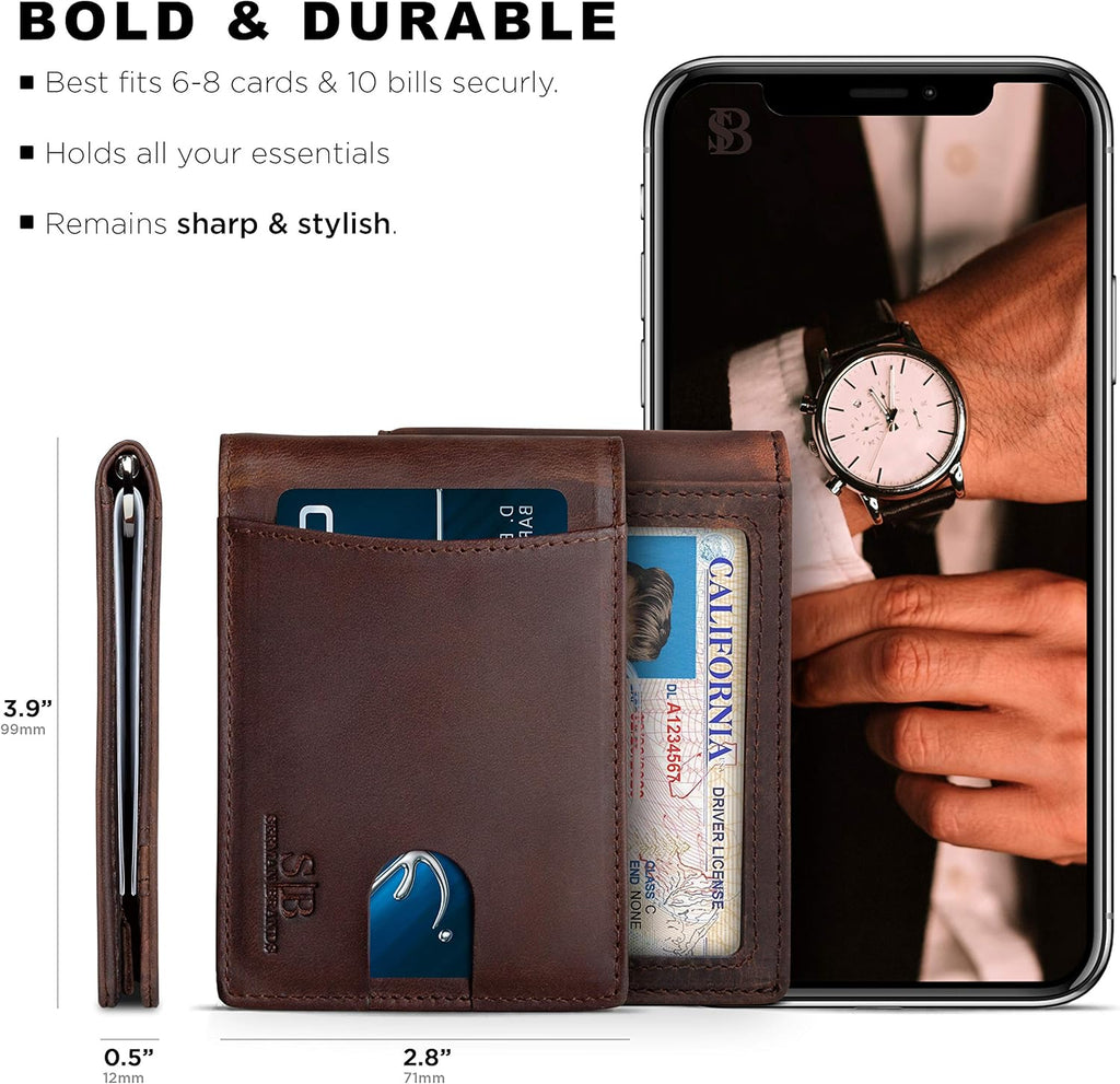 SERMAN BRANDS RFID Blocking Slim Bifold Genuine Leather Minimalist Front Pocket Wallets for Men with Money Clip Thin Gift