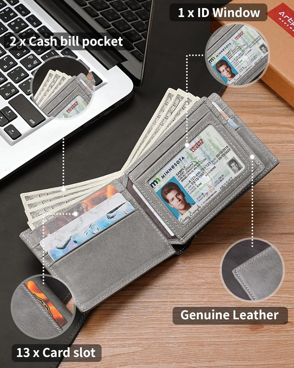 Mens Wallet Bifold Genuine Leather RFID Blocking Wallet for Men with 1 ID Windows 13 Card Holders 2 cash pockets 1 Gift Box